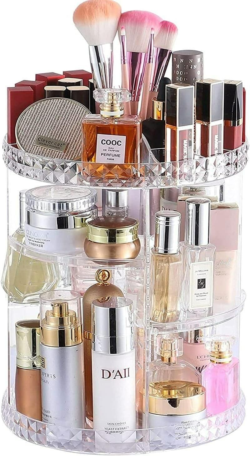 360° Rotating Adjustable Makeup Organizer – Large Acrylic Cosmetic Storage Box Case