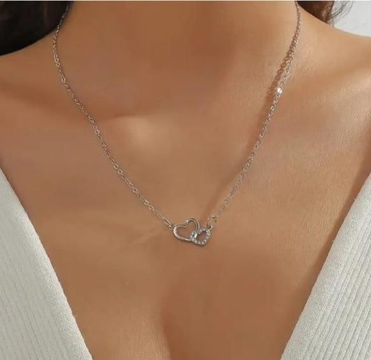 Women’s Dual Heart Pendant with Chain – Silver Plated Elegant Love Necklace