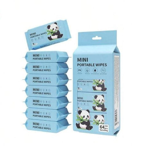 Mini Portable Disposable Baby Wipes – Travel Wet Tissue for Face, Hands & Household (64 Wipes, 8 Pouches)