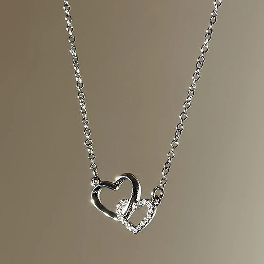 Women’s Dual Heart Pendant with Chain – Silver Plated Elegant Love Necklace