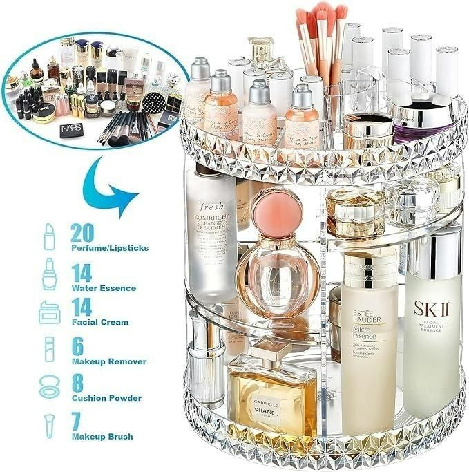 360° Rotating Adjustable Makeup Organizer – Large Acrylic Cosmetic Storage Box Case