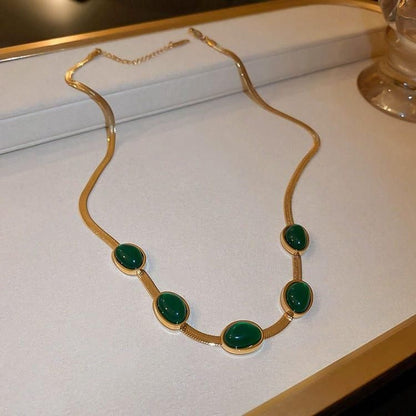 Oval Green Crystal Pendant Necklace & Bracelet Set – Elegant Gold-Plated Jewelry for Women