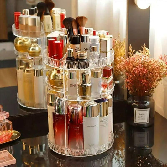 360° Rotating Adjustable Makeup Organizer – Large Acrylic Cosmetic Storage Box Case